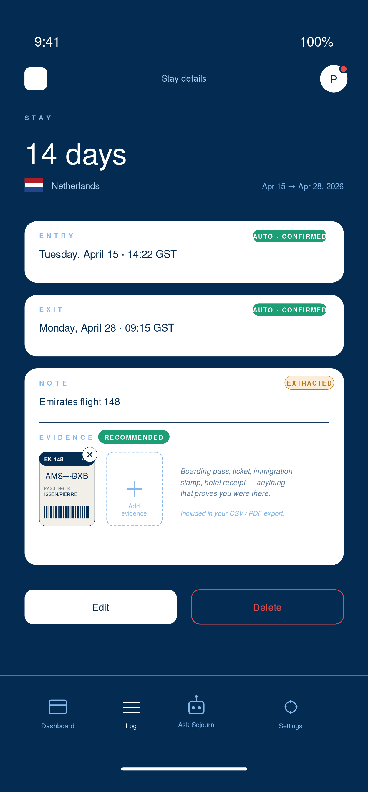 A stay detail screen showing an attached boarding pass as documentary evidence.